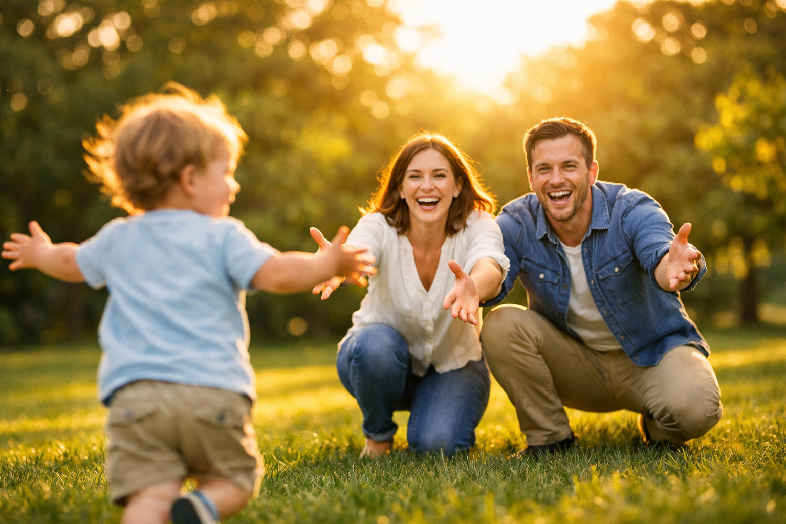 Family joyfully reaching out to their young child in a sunlit park
